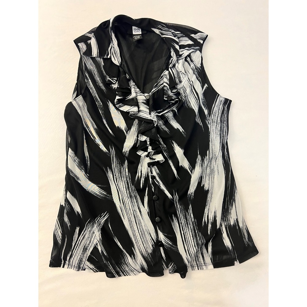 Studio 1940 Womens Medium Black White Abstract Ruffle Sleeveless Blouse RN 72882